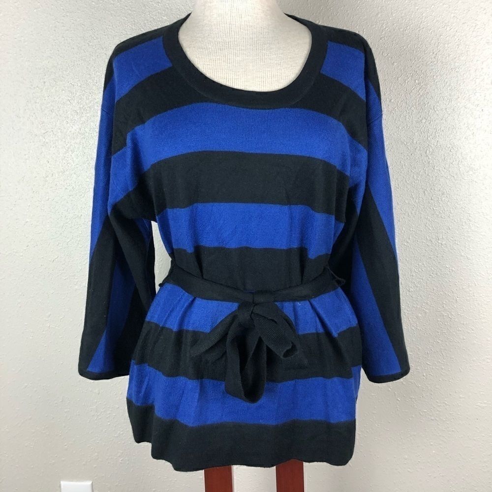 Larry Levine Blue and Black Striped Sweater Top